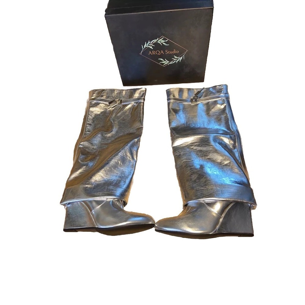 ARQA Women's Over Knee Boots Size 11.5 / EU 42 Metallic Silver Fold Over Studio